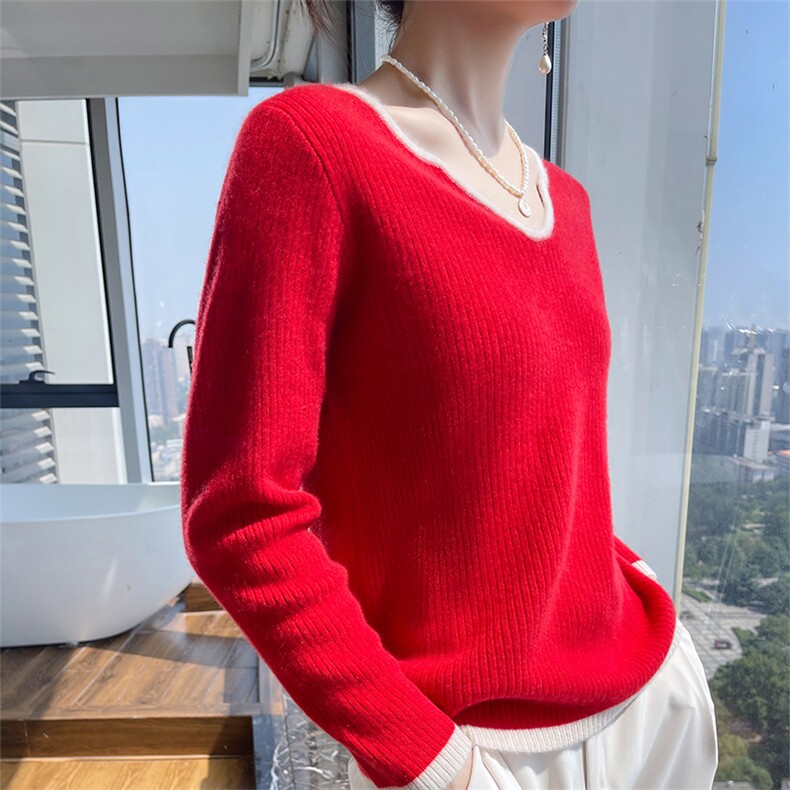 秋冬新款V领撞色100%纯羊毛衫长袖毛衣女抽条宽松羊绒针织打底衫,女装羊毛衫,宇灿羊绒