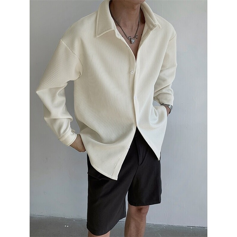 特批P35无差价2025潮流细条纹翻领肌理感长袖衬衫男宽松外套C5456，男装衬衫，电商A001