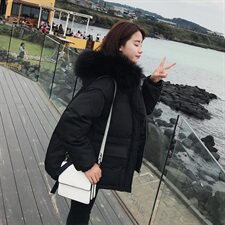 纯色2020冬季新款中长款休闲时尚舒适宽松配棉衣连帽配仿真毛领，女装棉衣/棉服，柒柒家