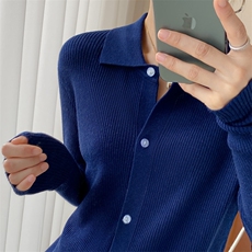 高级感Polo领抽条羊毛针织开衫女宽松百搭春秋毛衣外套上衣薄衬衫，女装针织衫/毛衣，雪真羊绒