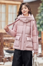 粉色洋气减龄撞色羽绒服女2024冬季新款小个子连帽保暖白鸭绒外套，女装羽绒服，慕依路