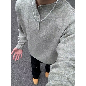 亨利领黑色浅灰色深灰色毛衣男秋冬美式复古针织衫PLMY1-特P58图片
