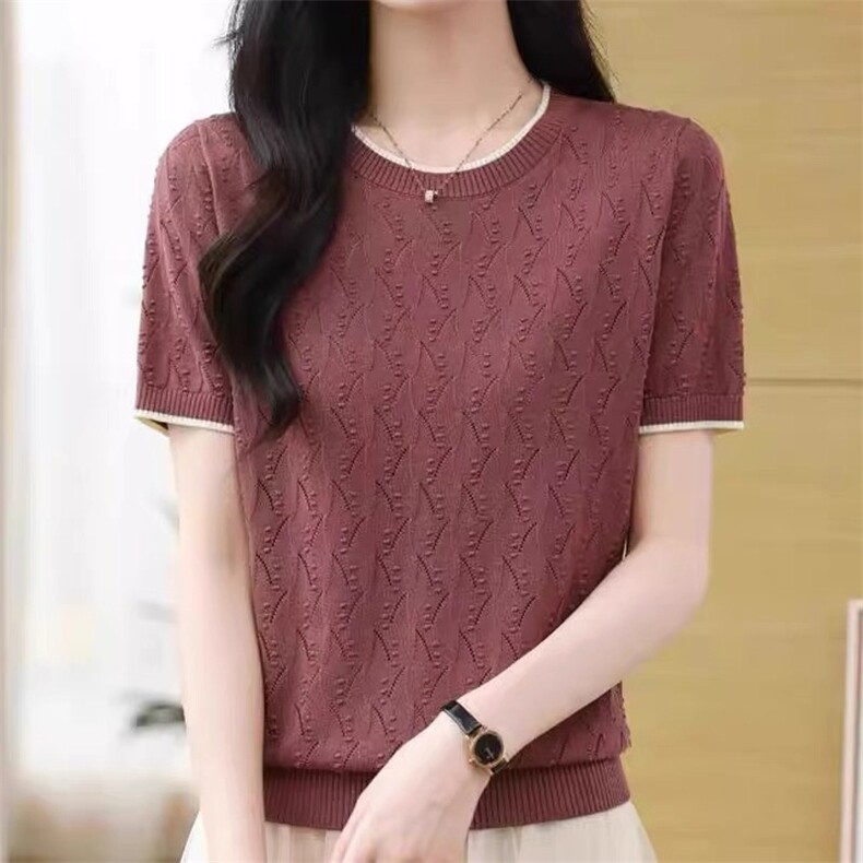 夏季圆领短袖体恤上衣女宽松简约波浪纹设计感冰丝短袖t恤上衣，女装T恤，暖姿羊绒