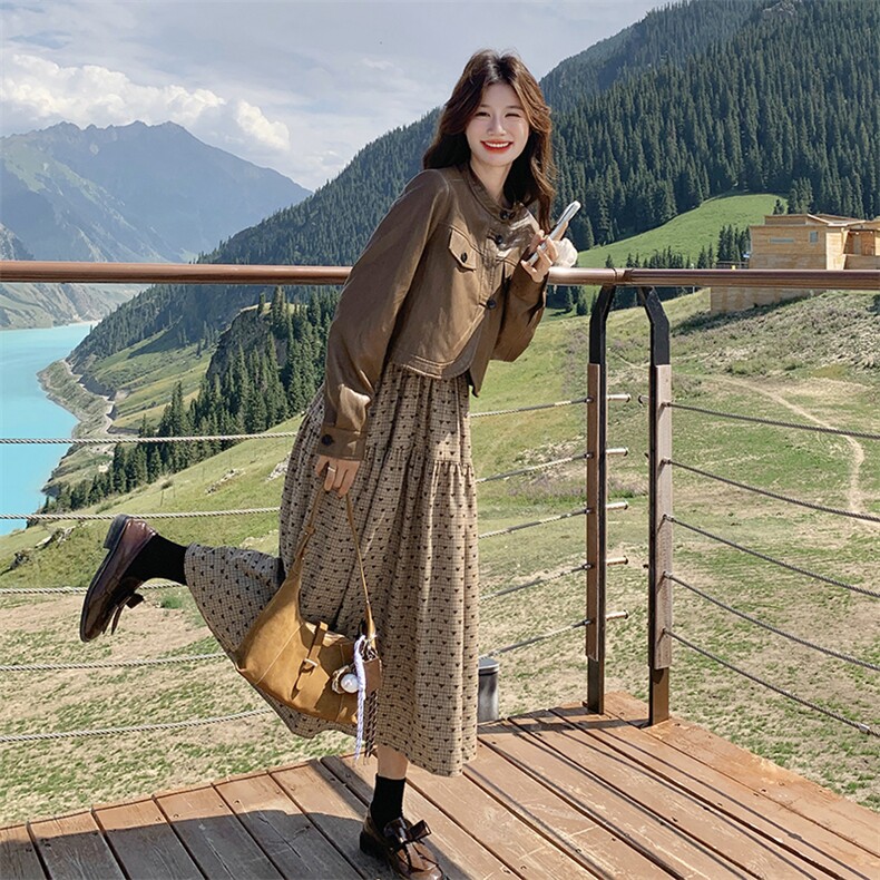 美拉德皮衣外套吊带裙套装连衣裙女春秋2025新款洋气减龄两件套,女装套装/套裙,2C122
