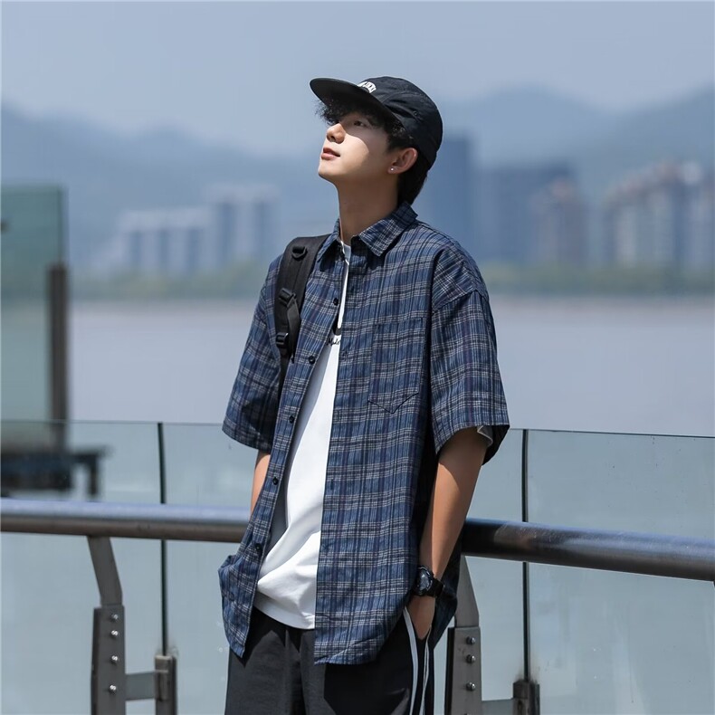 衬衫男夏季潮牌潮流短袖衬衣高级感格子复古休闲外套C203,男装衬衫,星座1116A-1（原606A）