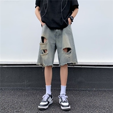 牛仔五分裤男女美式hiphop高街复古大码宽松破洞直筒短裤潮DN3232，男装牛仔裤，星座601-2