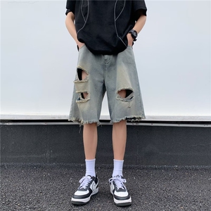 牛仔五分裤男女美式hiphop高街复古大码宽松破洞直筒短裤潮DN3232图片