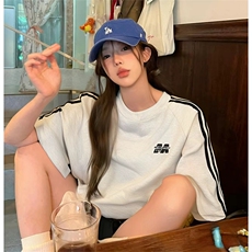 抖音得物供货240克宽松纯棉美式潮牌印花三杠全带短袖T恤AT1403，男装T恤，电商A443