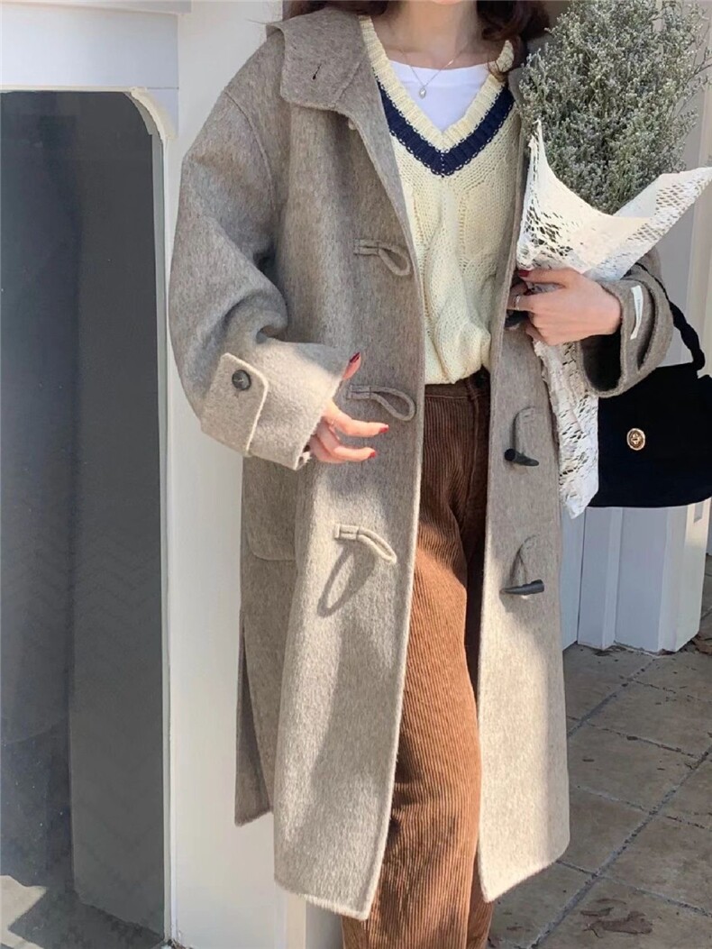 灰色连帽呢子大衣女中长款2023新款宽松牛角扣夹棉加厚毛呢外套,女装毛呢外套,红依娜