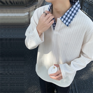 美式假两件格子翻领卫衣潮流宽松polo衫A161-MT-2602-P42图片
