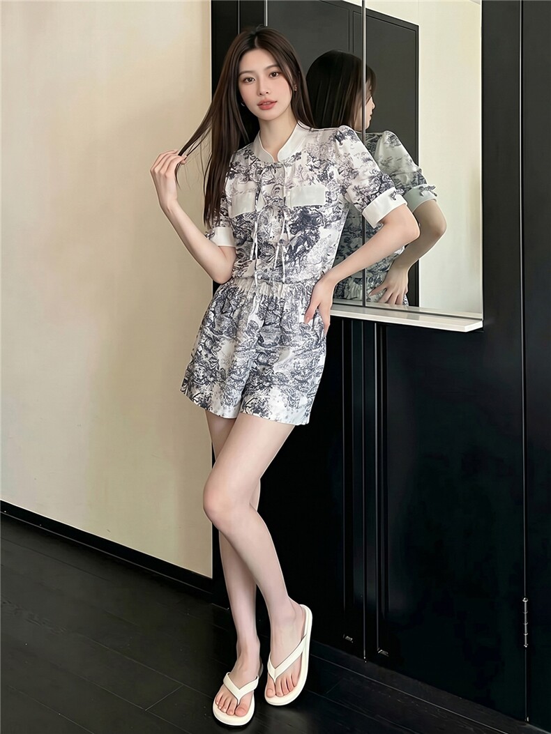 新中式盘扣立领短袖套装女夏季新款休闲运动阔腿短裤两件套潮,女装套装/套裙,江南