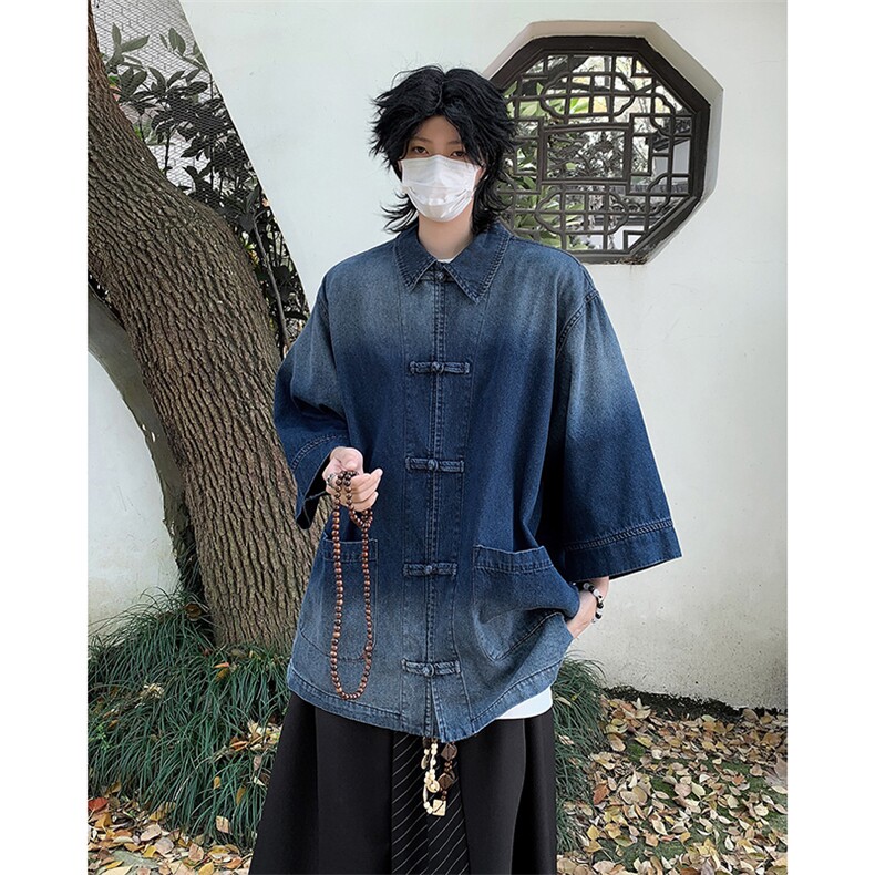 新中式风水洗做旧牛仔衬衫男女宽松复古盘扣衬衣外套S9866-p65,男装衬衫,星座1008