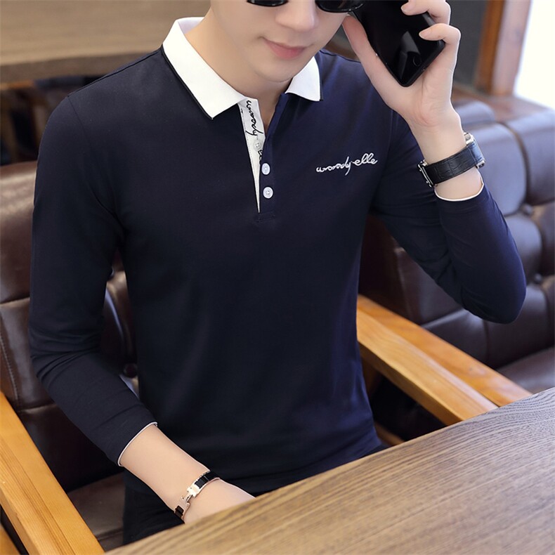 款6712-P40秋季男翻领长袖t恤青年POLO衫纯棉韩版修身潮上衣服图片