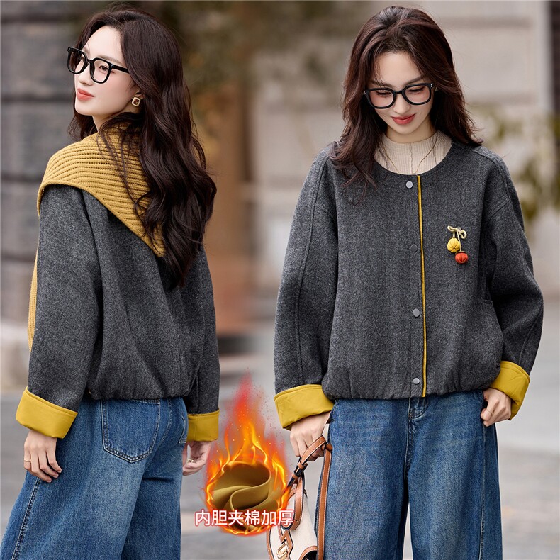 大量现货-2026年春秋季新款圆领撞色披肩短外套，女装毛呢外套，蓝诺裳