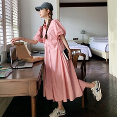 小众设计感泡泡袖粉色连衣裙女夏2025新款气质衬衫裙茶歇法式长裙，女装连衣裙，2D078