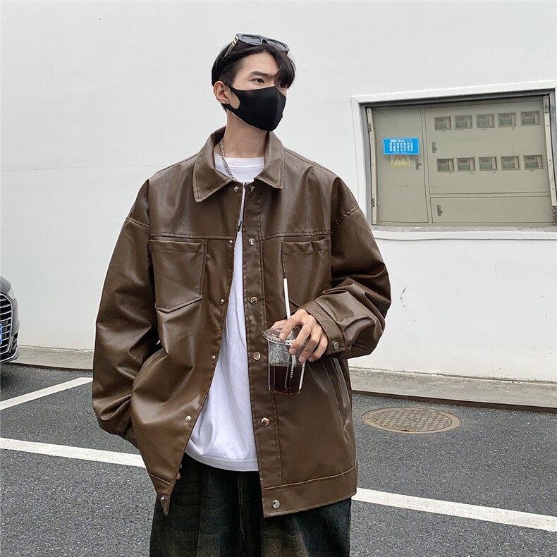 港风翻领pu皮面料皮衣男潮流休闲宽松皮衣外套男77107P78控108，男装皮衣，星座227-7