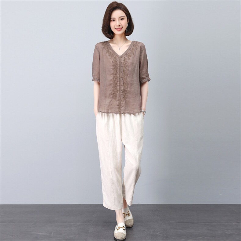 中年妈妈套装女夏季2023新款时尚宽松气质刺绣两件套苎麻短袖T恤图片