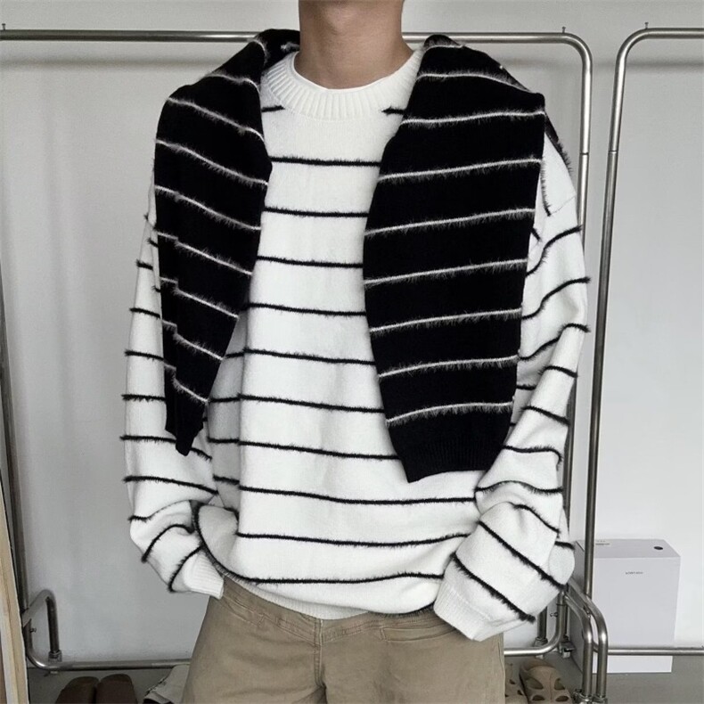 美式高街秋冬新款慵懒风宽松黑白条纹毛衣男百搭休闲套头针织衫,男装针织衫/毛衣,星座218-1（原230）