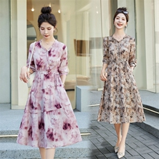 棉麻碎花连衣裙女2025春秋新款长袖收腰显瘦木耳边领气质减龄裙子，女装连衣裙，鑫思依格