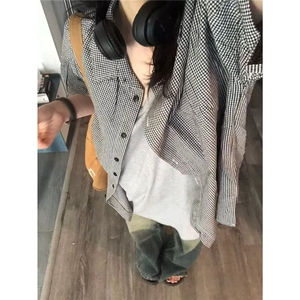 森系叠穿格子短袖衬衫女ins宽松遮肉显瘦情侣款衬衣外穿开衫上衣图片