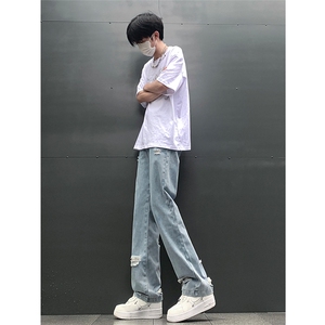 现货 夏季显瘦破洞设计感宽松直筒高街薄款休闲牛仔裤K5802-特P35图片