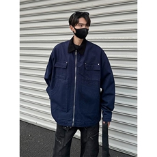 网图现货藏青色美式宽松底特律工装复古翻领夹克外套JK75/P65，男装夹克，星座205-3