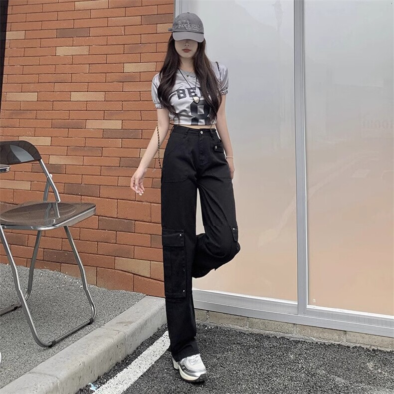 黑灰色宽松复古直筒牛仔裤女休闲女装显瘦美式高腰裤小个子秋阔腿图片