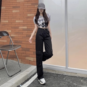 黑灰色宽松复古直筒牛仔裤女休闲女装显瘦美式高腰裤小个子秋阔腿图片