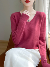 v领新款气质毛针织女长袖纯色简约百搭宽松套头上衣，女装针织衫/毛衣，戎洋
