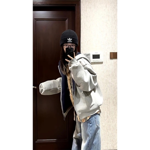重磅高品质硬挺boxy26春装美式高街结构撞色拼接连帽卫衣开衫外套图片