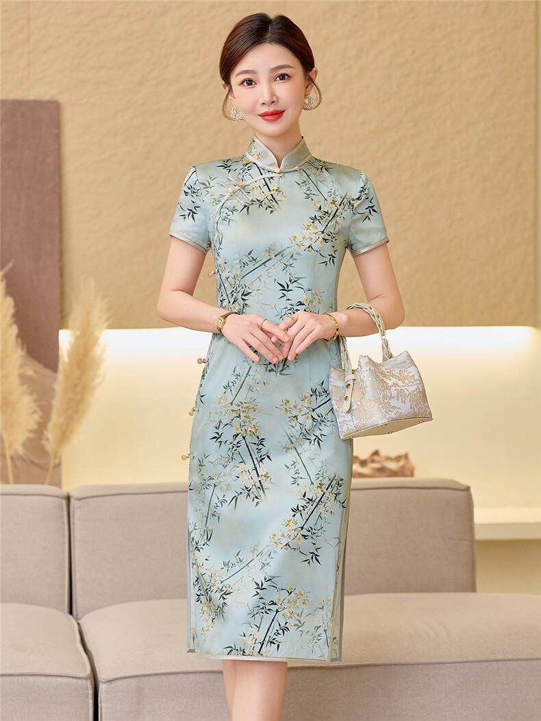 杭州品质真丝中长裙考试专用节节高女春夏日常修身潮流真丝旗袍,女装汉服/婚纱/旗袍/礼服,小荷流