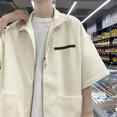 夏季短袖翻领衬衫男美式复古衬衣华夫格双拉链衬衫CS01270-P45，男装衬衫，星座308B-1