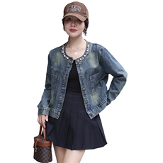 韩版圆领长袖短款牛仔外套女早秋新款高级感订珠小个子街头短外套，女装牛仔外套，跑量工厂店
