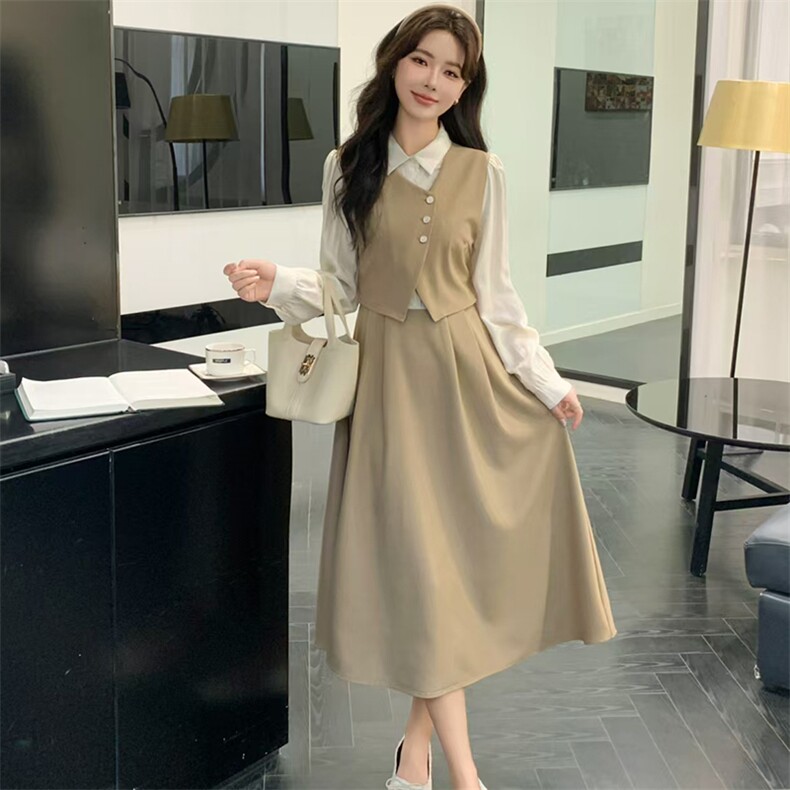 精品现货2024秋装新款女时尚气质拼接假两件套修身高腰连衣裙，女装套装/套裙，煊芮熙