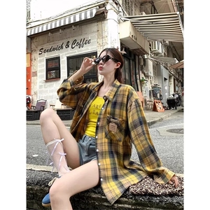 美式复古黄色格子衬衫女2025新款宽松慵懒风长袖衬衣外套上衣