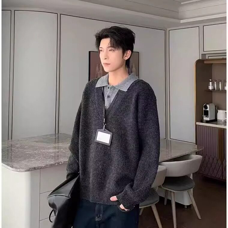 polo领翻领毛衣男秋冬美式慵懒高级感内搭假两件针织衫外套,男装针织衫/毛衣,星座506A