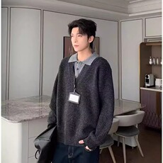 polo领翻领毛衣男秋冬美式慵懒高级感内搭假两件针织衫外套，男装针织衫/毛衣，星座506A