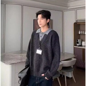 polo领翻领毛衣男秋冬美式慵懒高级感内搭假两件针织衫外套图片