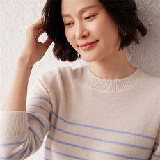 2024秋季新款圆领长袖时尚条纹女士套头35%羊绒衫，女装羊绒衫，雪真羊绒高端店