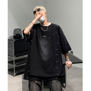 水洗做旧短袖t恤男 夏季美式复古铆钉解构上衣XZ514-2-202438-P68图片