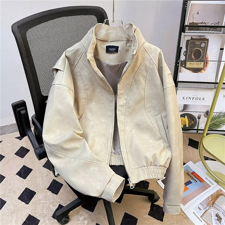 纯色立领外套男女春秋新款潮牌宽松情侣休闲皮衣夹克2820P78，男装皮衣，星座410-2