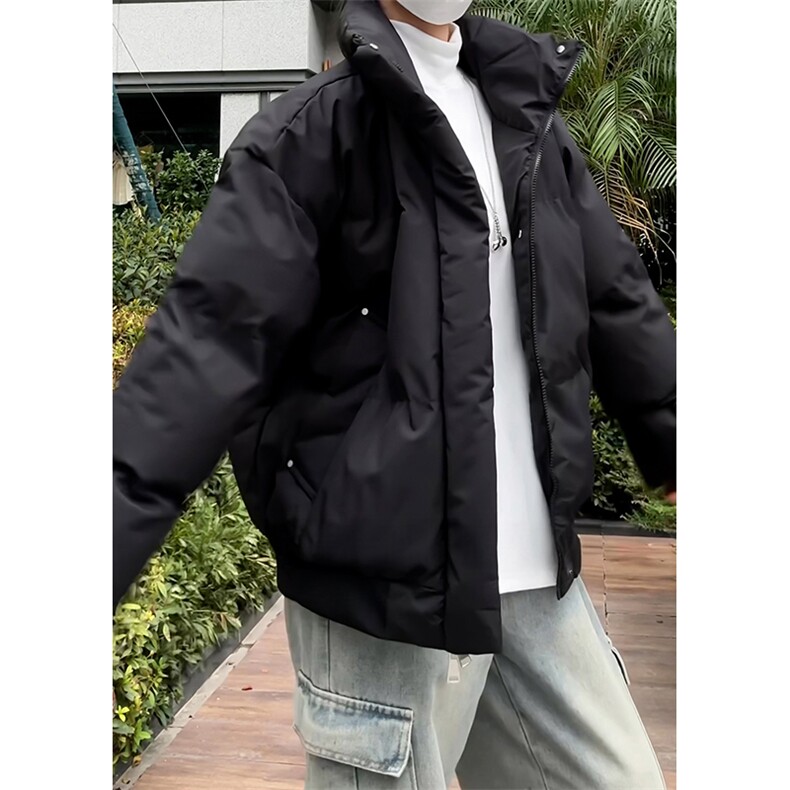 现货5W件冬季三防美式重磅硬挺boxy羽绒纯色立领棉衣外套加厚棉服,男装棉衣,电商A486