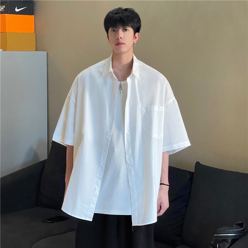A450-CS543-P55控价79纯色日系港风高街短袖衬衫宽松，男装衬衫，电商A450