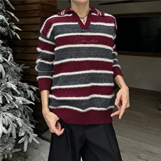 秋冬复古宽松条纹撞色v领针织衫翻领毛衣男914-4-MY9818P61，男装针织衫/毛衣，星座914-4