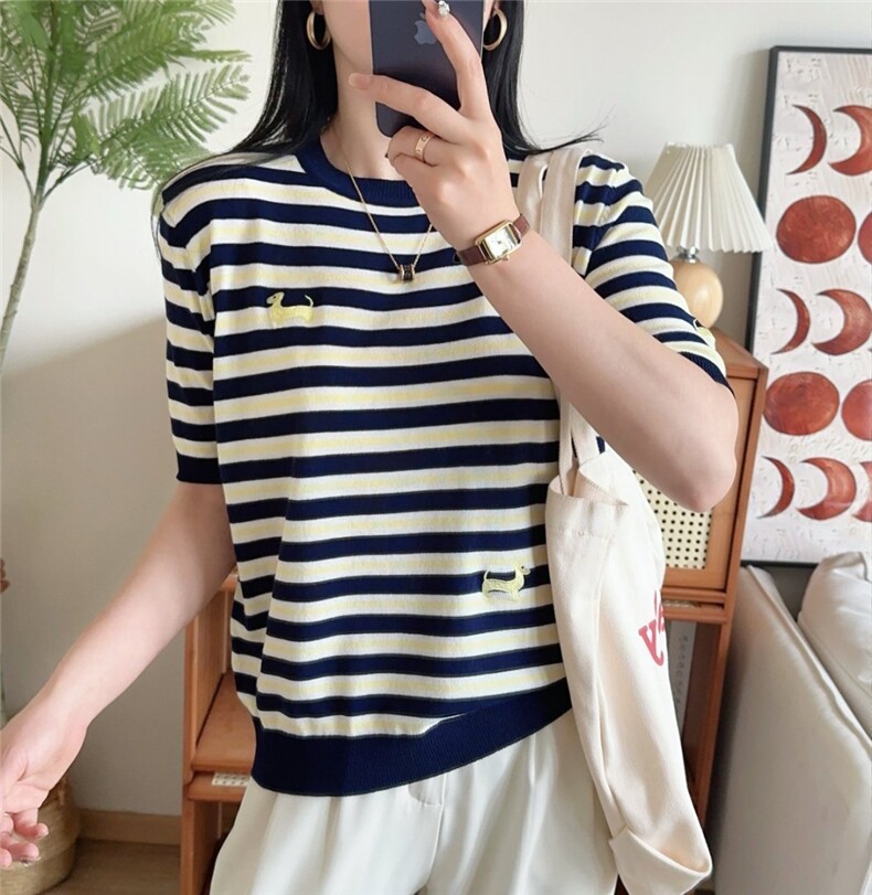 2025年新款短款上衣条纹短袖T恤女装夏装冰丝针织打底衫半袖,女装T恤,臻纶羊绒