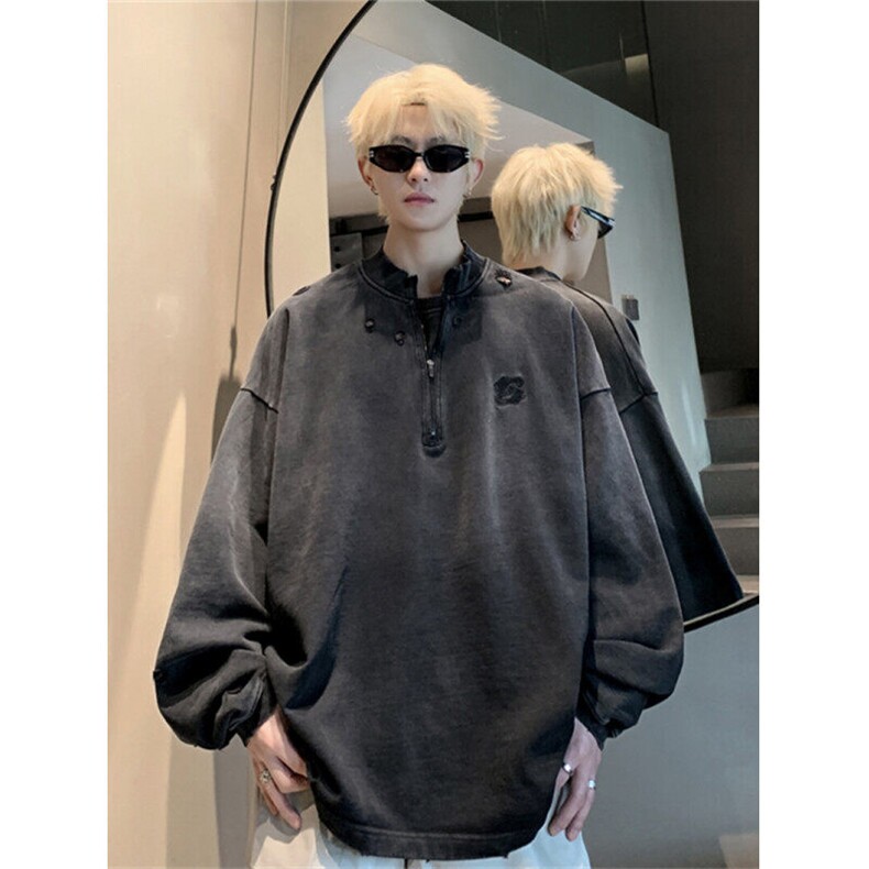 706-WY6050-P75现货春季男士复古做旧水洗立领半拉链卫衣外套，男装卫衣，星座706