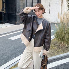 棕色复古皮毛一体皮衣外套女2025冬新款酷飒风双排扣加厚保暖夹克，女装短外套，2B183