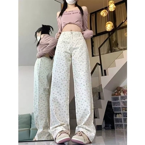 美式复古碎花直筒牛仔裤女夏季新款设计感高腰宽松休闲阔腿裤子潮图片