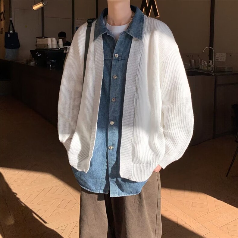 假两件针织衫男生开衫外套做旧牛仔翻领拼接毛衣5177P80,男装针织衫/毛衣,星座410-2