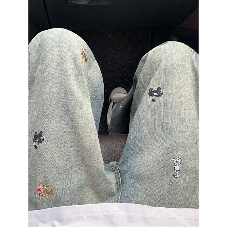 黑色趣味小狗刺绣牛仔裤女新款宽松显瘦拖地阔腿裤子N09,男装牛仔裤,星座1116A（原606A-3）